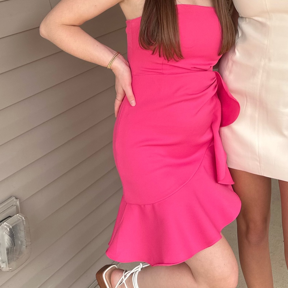 Strapless ruffled hot pink dress